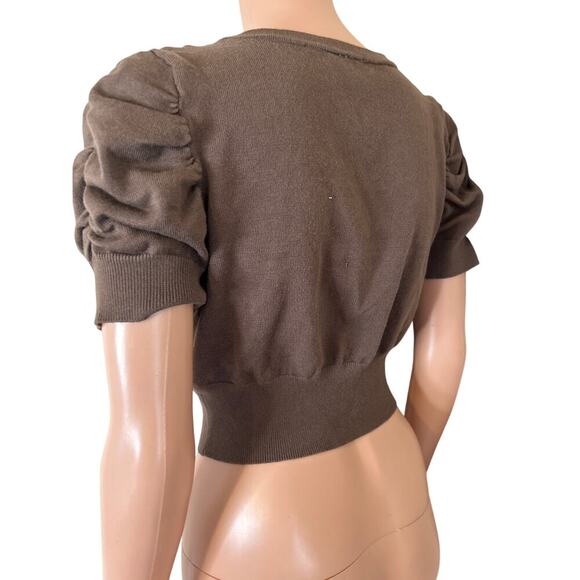 Heart-N-Crush cropped cardigan sweater puff sleeve button up MD Chocolate brown - Picture 3 of 5